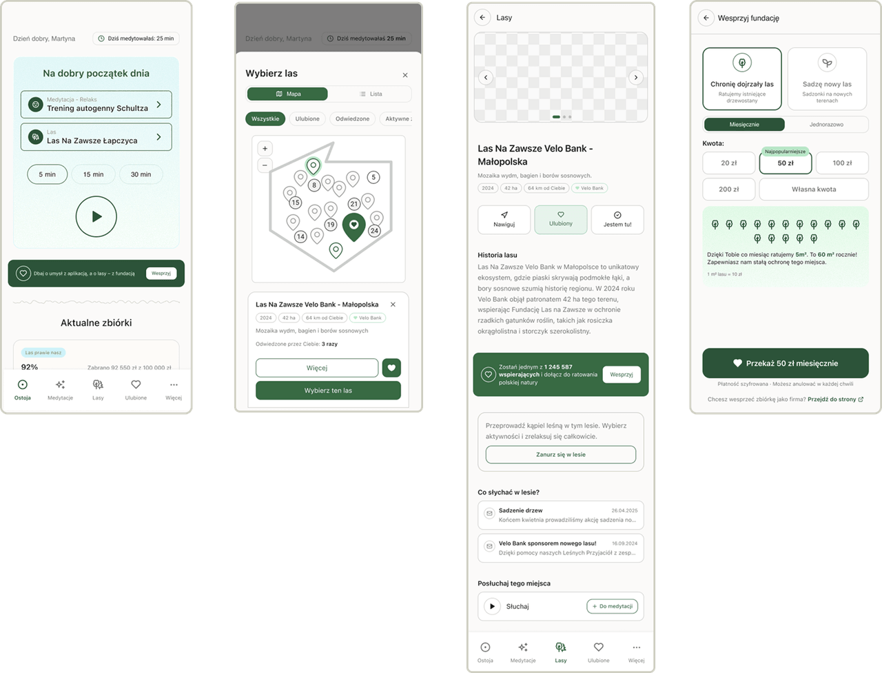 Four app screens: home, forest map, forest page, support payment